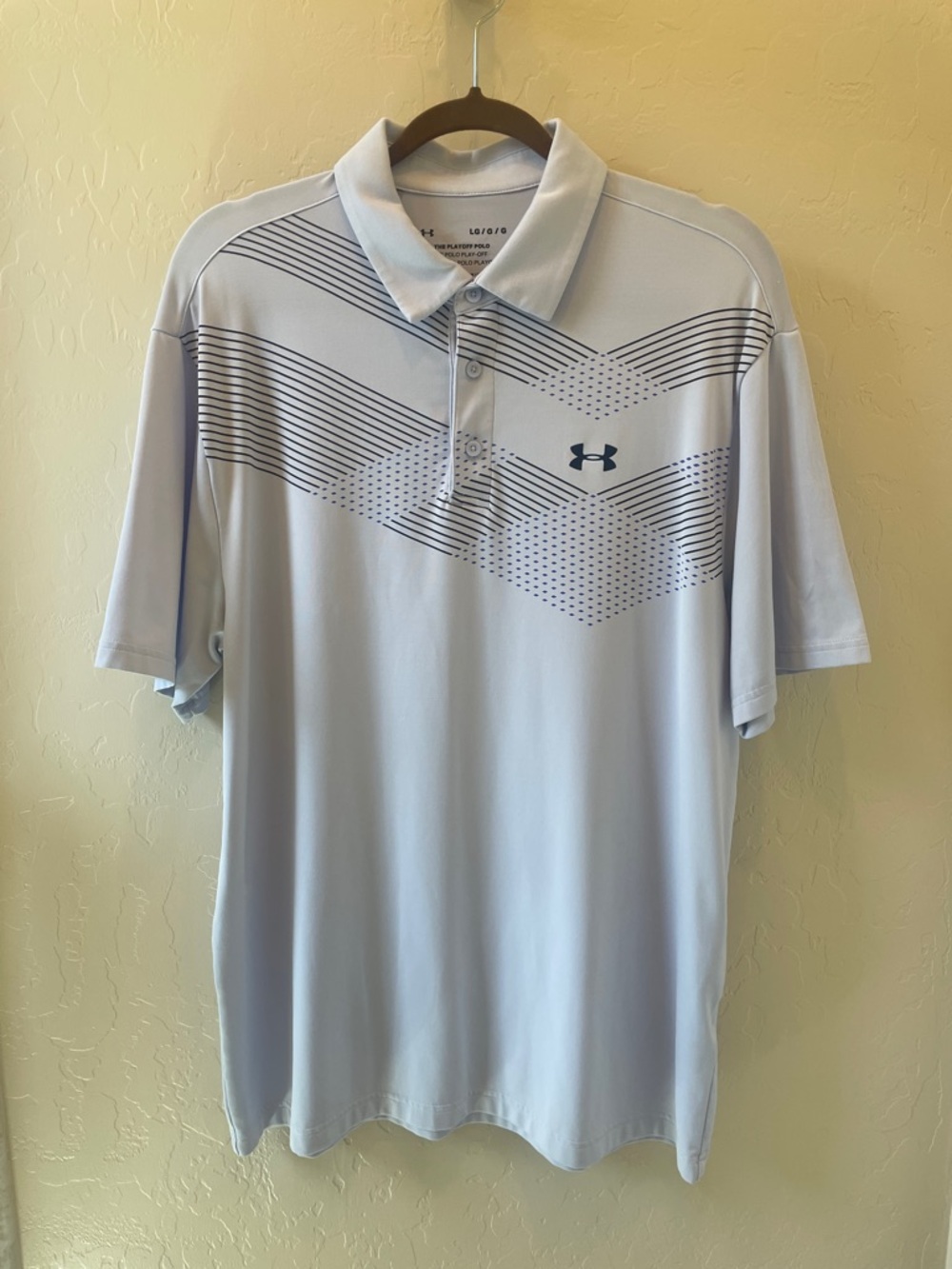 Size L Under Armour Light Blue Men's Tech Polo with Geometric Design on Chest